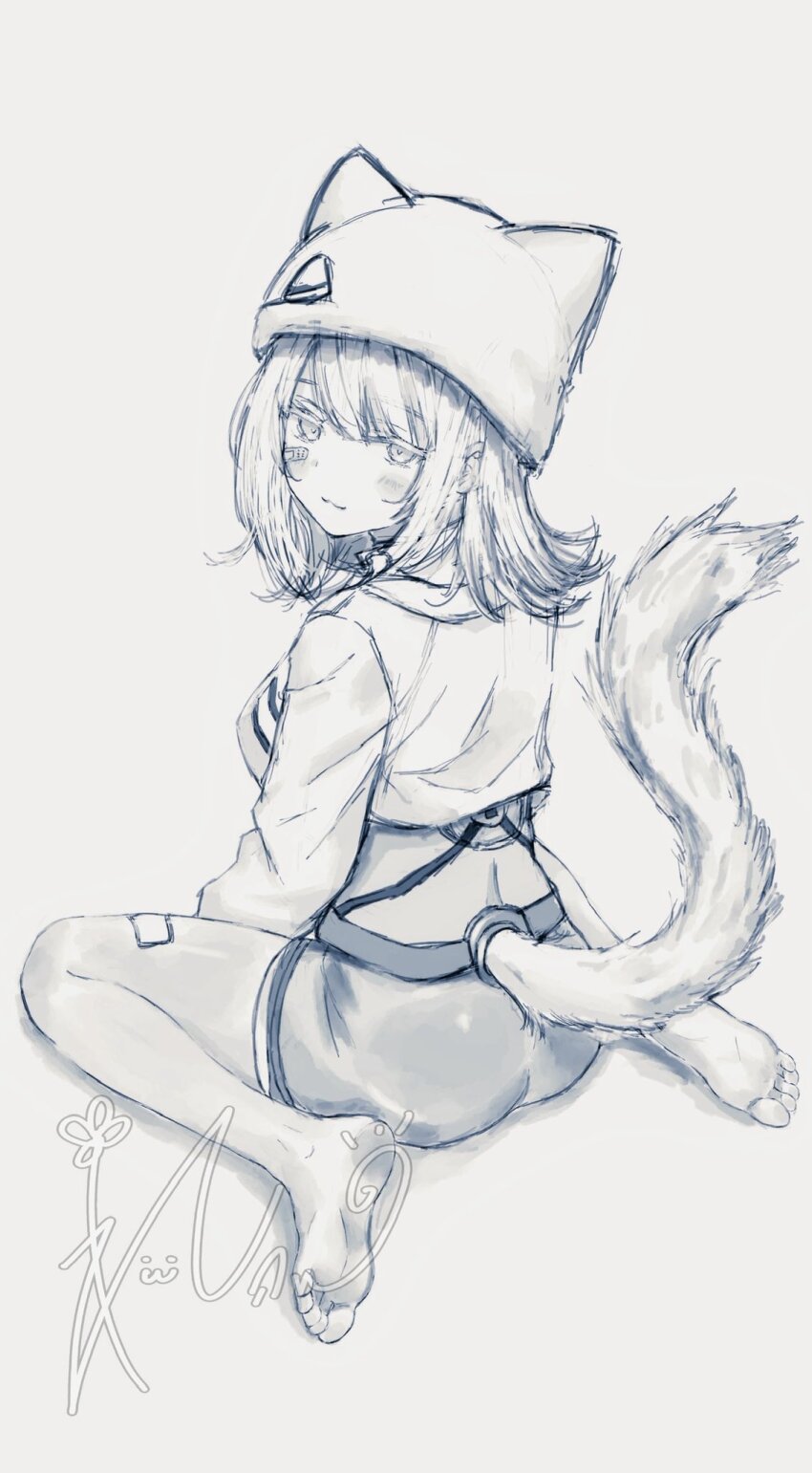 1girl arknights arknights:_endfield ass bandaid bandaid_on_cheek bandaid_on_face barefoot blush_stickers commentary crop_top cropped_shirt estella_(arknights) feet grey_background greyscale hat highres ichiya_refi light_smile long_sleeves looking_at_viewer medium_hair monochrome short_shorts shorts simple_background sitting soles solo symbol-only_commentary tail tail_raised toes turning_head wariza watermark