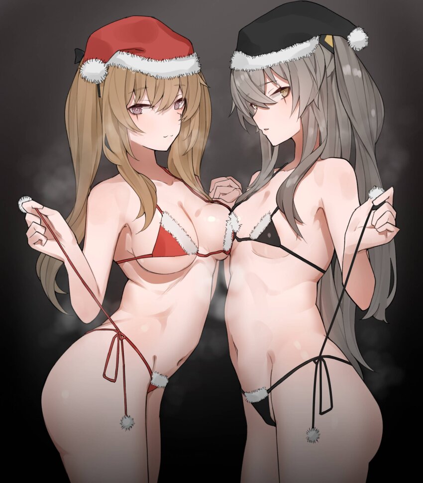 2girls asymmetrical_docking bikini black_bikini black_hat breast_press breasts brown_eyes brown_hair christmas commentary fur-trimmed_bikini fur_trim girls'_frontline grey_hair hair_between_eyes hair_ornament hairclip hat highres holding_hands interlocked_fingers large_breasts long_hair looking_at_viewer medium_breasts micro_bikini multiple_girls navel one_side_up red_bikini red_hat ringobatake santa_bikini santa_costume santa_hat scar scar_across_eye scar_on_face side-tie_bikini_bottom steaming_body string_bikini string_pull sweat swimsuit twintails ump45_(girls'_frontline) ump9_(girls'_frontline) yellow_eyes