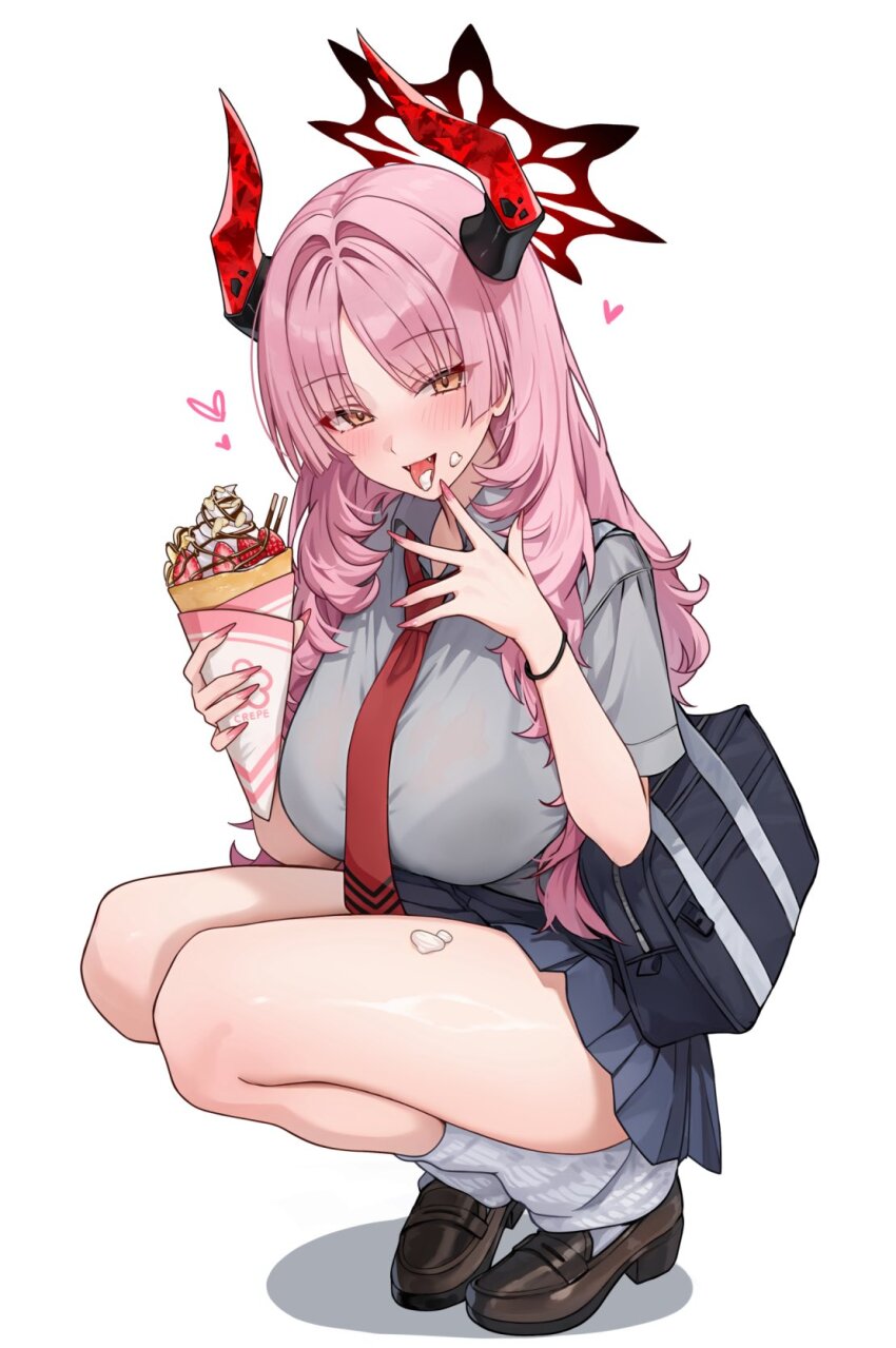 1girl bag blue_archive blue_skirt bra_visible_through_clothes breasts brown_shoes collared_shirt commentary_request cream cream_on_face crepe demon_horns fangs food food_on_face full_body grey_shirt halo highres holding holding_food holika_baby horns large_breasts loafers long_hair looking_at_viewer loose_socks miniskirt nail_polish necktie open_mouth parted_bangs pink_hair pink_nails pleated_skirt red_halo red_horns red_necktie satsuki_(blue_archive) school_bag school_uniform shirt shoes short_sleeves simple_background skirt socks solo squatting tongue tongue_out white_background white_socks