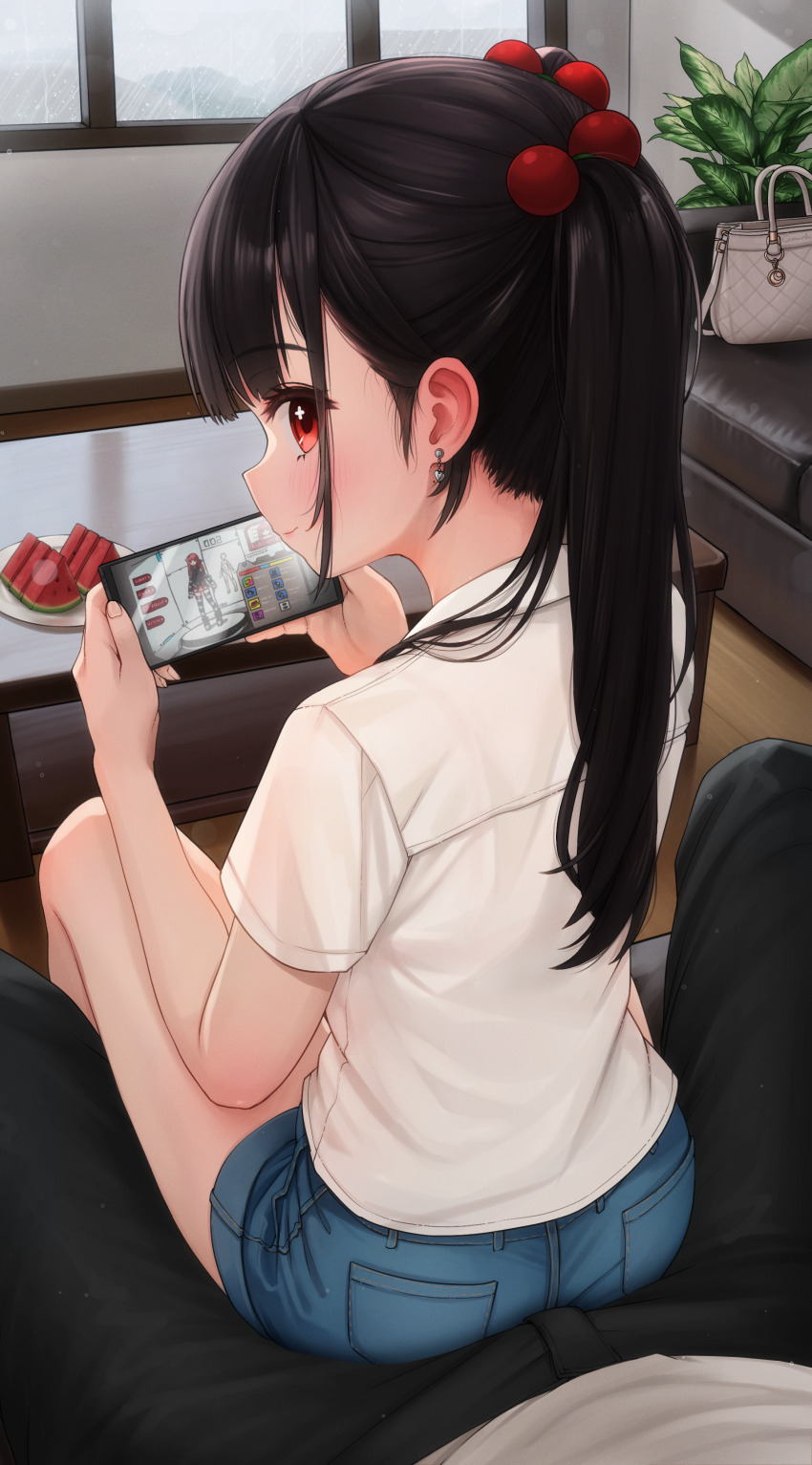 1boy 1girl absurdres black_hair blush comodox earrings food hair_ornament hetero highres holding indoors jewelry loli looking_at_viewer looking_back lulla_(comodox) original paid_reward_available red_eyes shirt short_sleeves shorts sitting sitting_on_person twintails white_shirt