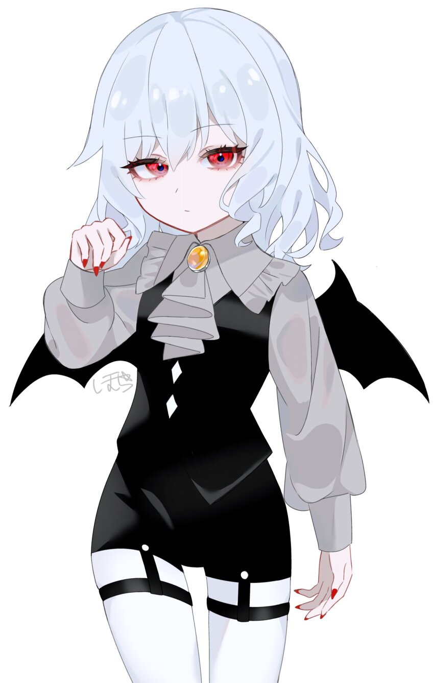 1girl alternate_costume ascot bat_wings black_shorts black_vest blue_hair closed_mouth collared_shirt commentary_request cowboy_shot frilled_shirt_collar frills grey_ascot grey_shirt highres homura_(homura_me) long_sleeves no_headwear pantyhose red_eyes red_nails remilia_scarlet shirt shorts signature simple_background solo thigh_strap touhou vest white_background white_pantyhose wings