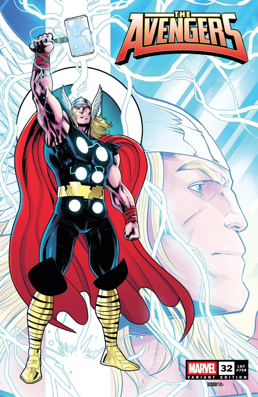 1boy arm_up avengers_(series) blonde_hair blue_eyes boots cape comic_cover commentary copyright_logo copyright_name english_commentary english_text floating_cape floating_hair full_body hammer helmet highres holding holding_hammer holding_weapon lightning logo long_hair lucianovecchio male_focus marvel mjolnir_(marvel) multiple_views muscular muscular_male official_art profile red_cape solo thor_(marvel) thor_(marvel)_(series) weapon western_comics_(style) winged_helmet yellow_boots