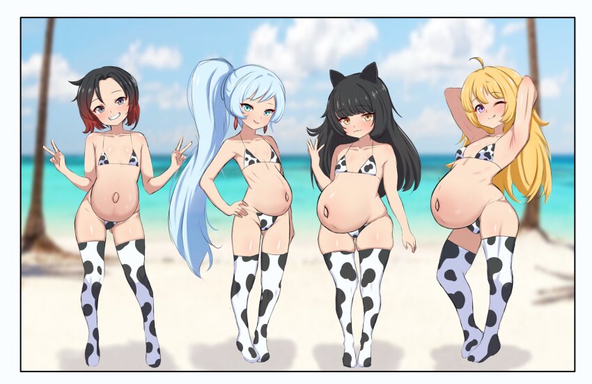 4girls ahoge animal_ears animal_print armpits arms_behind_head arms_up beach big_belly bikini black_hair blake_belladonna blonde_hair blue_eyes blue_sky blurry blurry_background blush border cat_ears closed_mouth cloud cow_print cow_print_bikini cow_print_thighhighs day flat_chest full_body gradient_hair grey_eyes grin highres loli long_hair looking_at_viewer micro_bikini multicolored_hair multiple_girls navel ocean one_eye_closed outdoors ponytail pregnant pregnant_loli print_bikini print_thighhighs purple_eyes red_hair ruby_rose rwby short_hair sky smile standing swimsuit thighhighs v very_long_hair weiss_schnee white_bikini white_hair yang_xiao_long yellow_eyes zhyseven