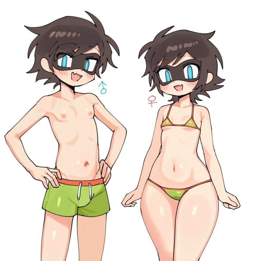 1boy 1girl :d batrobin_k bikini black_hair blue_eyes blush breasts fang green_bikini green_shorts hands_on_own_hips highres loli looking_at_viewer male_swimwear male_underwear mars_symbol mask micro_bikini multiple_views navel nipples open_mouth original robin_(batrobin_k) short_hair shorts simple_background skin_fang small_breasts smile swept_bangs swim_trunks swimsuit topless_male underwear venus_symbol white_background