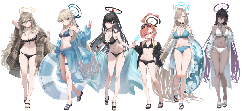 6+girls ahoge akane_(blue_archive) arm_behind_head asuna_(blue_archive) bikini bikini_top_pull black-framed_eyewear black_bikini black_choker black_hair black_jacket black_nails blonde_hair blue_archive blue_bikini blue_bow blue_eyes blue_jacket blue_nails blue_sarong blush bow braid breasts bright_pupils brown_eyes brown_hair choker cleavage closed_eyes crown_braid dark-skinned_female dark_skin earrings fang flat_chest flip-flops food frilled_bikini frills front-tie_bikini_top front-tie_top glasses gradient_hair hair_between_eyes hair_bow hair_ornament hair_over_one_eye hair_tie hairclip halo hand_on_own_hip high_ponytail holding holding_food holding_popsicle holding_swim_ring holding_towel huge_ahoge innertube jacket jewelry karin_(blue_archive) koisuke large_breasts lips long_hair medium_breasts medium_hair mole mole_on_breast mole_under_each_eye mole_under_eye multicolored_hair multiple_girls multiple_moles nail_polish navel necklace neru_(blue_archive) neru_(swimsuit)_(blue_archive) off-shoulder_jacket off-shoulder_robe off_shoulder one_eye_covered open_clothes open_jacket open_robe orange_hair plaid_clothes plaid_shawl ponytail popsicle purple_hair red_eyes rio_(blue_archive) robe sandals sarong see-through_clothes see-through_robe shawl side-tie_bikini_bottom side_braid slit_pupils smile standing sunglasses sunglasses_on_head swim_ring swimsuit thigh_strap toenail_polish toenails toki_(blue_archive) towel v very_long_hair wavy_hair white_background white_bikini white_jacket white_pupils wristband yellow_eyes