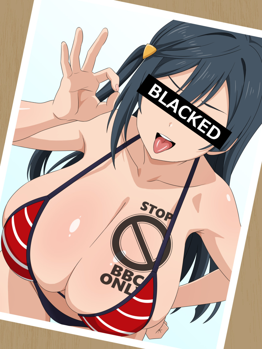 1girl absurdres alternate_breast_size_(larger) armpit_crease bikini black_hair blacked_(phrase) blacked_female blue_background breast_tattoo breasts censored censored_identity collarbone commentary_request cowboy_shot grey_eyes hair_ornament hand_on_own_hip handjob_gesture highres huge_breasts leaning_forward long_hair looking_at_viewer love_live! love_live!_nijigasaki_high_school_idol_club migikoba one_side_up open_mouth photo_(object) red_bikini skindentation smile solo swimsuit tattoo tongue tongue_out very_long_hair yuki_setsuna