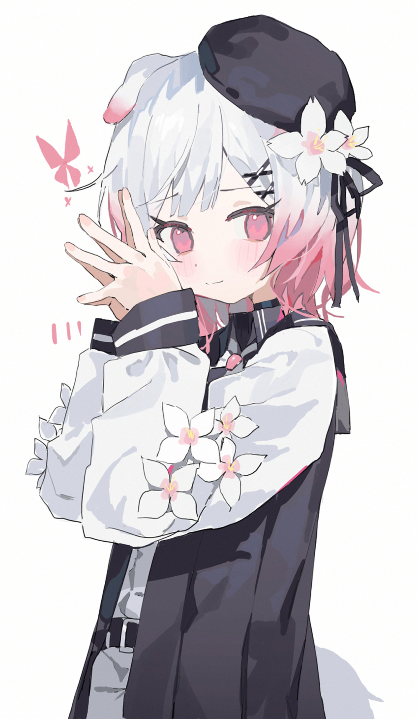 1girl animal_ears beret black_hat closed_mouth dog_ears flower hair_flower hair_ornament hands_up hat highres long_sleeves mahou_shoujo_no_majo_saiban measho multicolored_hair pink_eyes pink_hair sakuraba_ema simple_background solo white_background white_hair