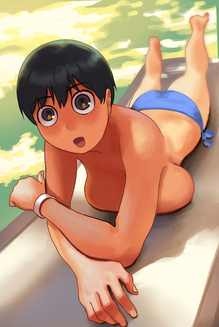 1girl absurdres ass bikini bikini_bottom_only black_hair blue_bikini breasts brown_eyes commentary_request flat_ass highres kawabata_ryuuko_(narisokonai) large_breasts lying narisokonai on_stomach original perspective sagging_breasts short_hair solo swimsuit topless_female wristband