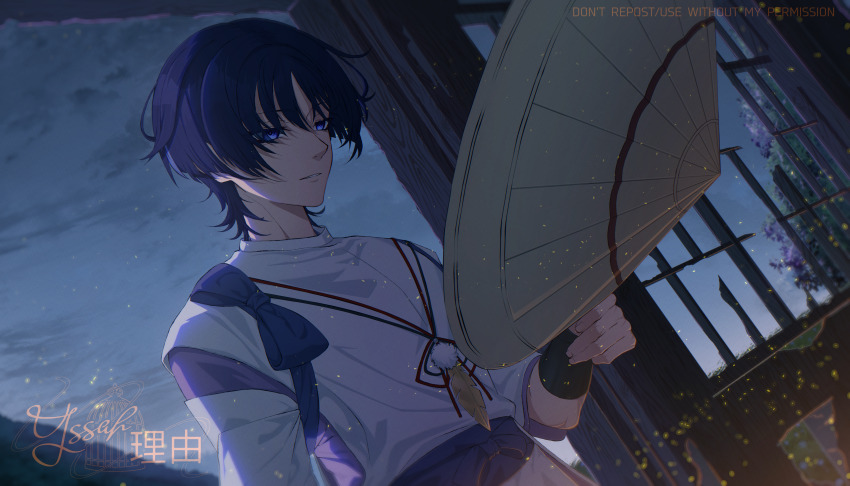 1boy absurdres ajirogasa arm_at_side armor artist_name bishounen blunt_ends bow brown_hat cinders clothing_cutout dutch_angle empty_eyes eyelashes feathers fingernails flower genshin_impact hand_up hat highres holding holding_unworn_clothes holding_unworn_hat indoors japanese_armor japanese_clothes kariginu kote kurokote looking_at_object male_focus mountainous_horizon night overcast parted_lips pom_pom_(clothes) purple_bow purple_eyes purple_hair purple_pupils purple_sash purple_sleeves sash scaramouche_(genshin_impact) scaramouche_(kabukimono)_(genshin_impact) shoulder_cutout sky sliding_doors solo string tasuki tsurime unworn_hat unworn_headwear upper_body watermark white_mouth white_sleeves wispy_bangs wisteria yellow_feathers yssahriyuu