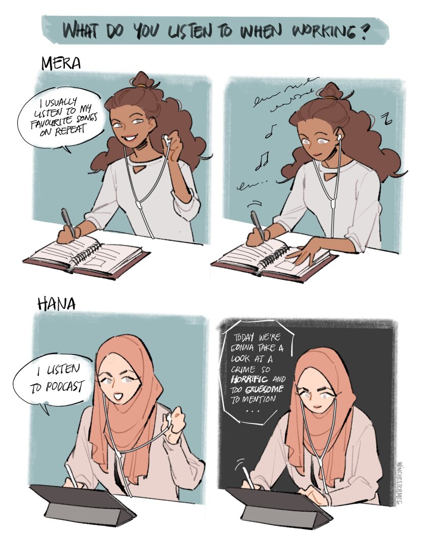 2girls absurdres book brown_hair commentary dark-skinned_female dark_skin earphones english_commentary english_text grin highres hijab holding holding_pen long_hair multiple_girls open_book original pen pink_hijab shirt smile speech_bubble table white_shirt winchestermegg