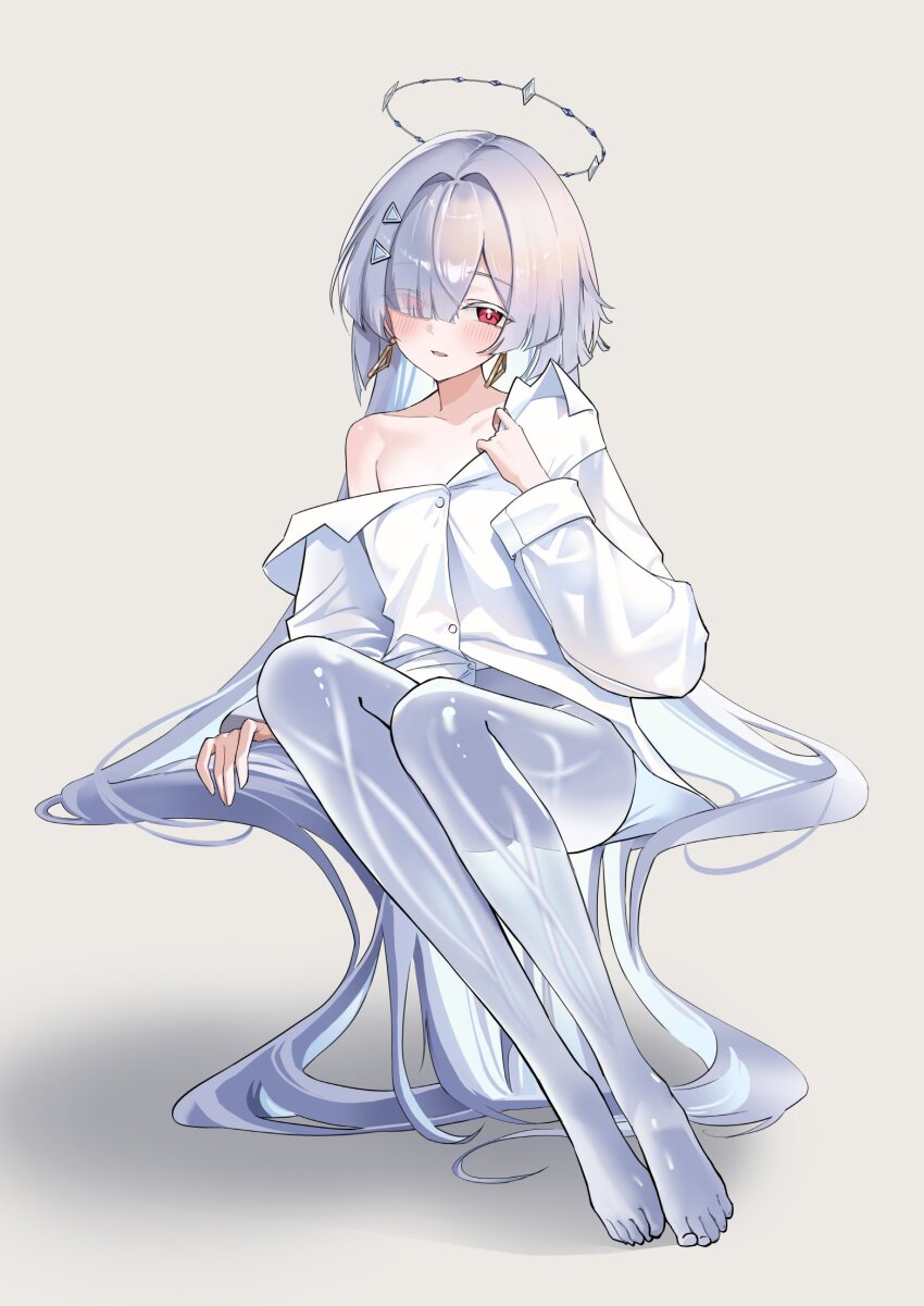 1girl barefoot breasts chuvi_y collarbone colored_eyelashes commentary eyes_visible_through_hair feet full_body grey_background grey_hair hair_intakes hair_ornament hair_over_one_eye halo highres invisible_chair long_hair mornye_(wuthering_waves) no_pants red_eyes see-through_body shirt simple_background single_bare_shoulder single_off_shoulder sitting small_breasts solo symbol-only_commentary toes very_long_hair white_shirt wuthering_waves