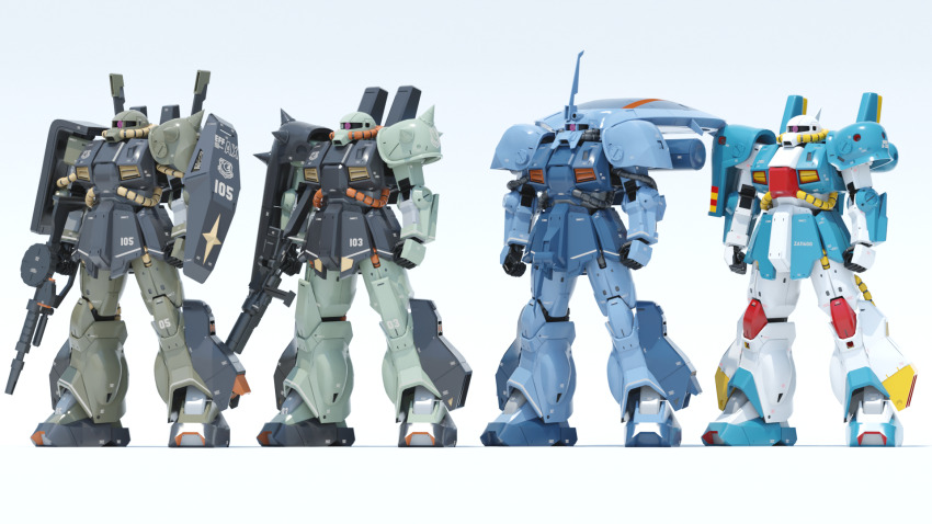 3d beam_rifle cable char's_counterattack color_variation commentary_request energy_gun ewac_zack gassan_(7nan8ku) gradient_background gun gundam gundam_zz highres hizack hizack_custom hobby_hizack lineup machine_gun machinery mecha mecha_focus mobile_suit neo_zeon no_humans radio_antenna radome realistic robot science_fiction shield shoulder_spikes spikes titans_(gundam) variations vernier_thrusters weapon zeta_gundam