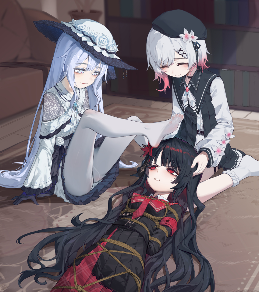 3girls absurdres arms_behind_back bdsm black_choker black_gloves black_hair blue_eyes blue_hair bondage bound breast_bondage breasts choker dress frilled_dress frilled_socks frills gloves highres long_hair looking_at_another lying mahou_shoujo_no_majo_saiban multiple_girls nikaido_hiro pantyhose pleated_skirt red_eyes restrained sakuraba_ema shibari skirt small_breasts socks spoilers tsukishiro_yuki very_long_hair white_dress white_pantyhose white_socks xiongmao