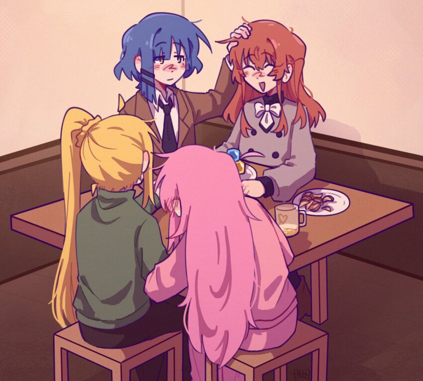 ahoge black_necktie blonde_hair blue_hair bocchi_the_rock! bow bowtie brown_coat buttons chair closed_mouth coat cube_hair_ornament detached_ahoge food from_behind glass gotoh_hitori green_sweater hair_ornament hairclip heart high_collar hiimross ijichi_nijika kita_ikuyo long_hair medium_hair necktie pink_hair pink_track_suit plate red_hair shirt sidelocks sitting sweater table track_suit white_bow white_bowtie white_shirt yamada_ryo yellow_eyes