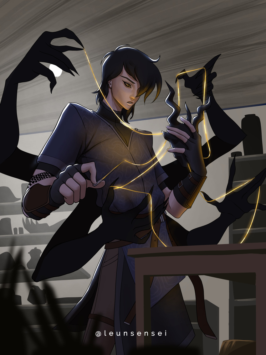 1boy \||/ absurdres belt black_hair black_robe black_tunic commentary english_commentary extra_arms feet_out_of_frame fingerless_gloves gloves glowing glowing_eye hair_over_one_eye highres holding holding_mask leather leather_gloves leunsensei mask outstretched_hand parted_lips robe shadow_slave short_hair string sunny_(shadow_slave) table tunic underlighting