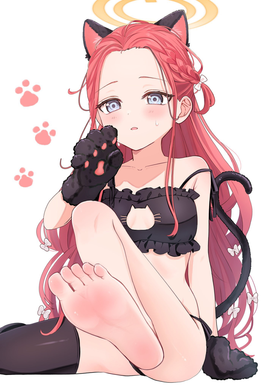 1girl alternate_costume animal_ear_fluff animal_ears animal_hands armpit_crease barefoot black_panties black_tail black_thighhighs blue_archive boots bow bra braid breasts cat_cutout cat_ears cat_lingerie cat_tail cleavage_cutout clothing_cutout collarbone eyelashes feet foot_focus foot_out_of_frame forehead foreshortening frilled_bra frills gloves hair_bow halo hand_up highres knee_boots knee_up loli long_hair looking_at_viewer open_mouth panties papiko_(mochipapiko) parted_bangs paw_gloves pink_hair presenting_foot side-tie_panties sidelocks simple_background single_thighhigh sitting small_breasts soles solo strap_slip sweatdrop tail thighhighs toes underwear underwear_only very_long_hair white_background white_bow yellow_halo yuzu_(blue_archive)