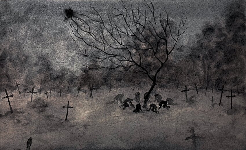 absurdres all_fours bare_tree cloud cloudy_sky commentary dark_cloud graveyard grey_sky highres original painterly people revol4357 sky surreal tombstone tree wide_shot