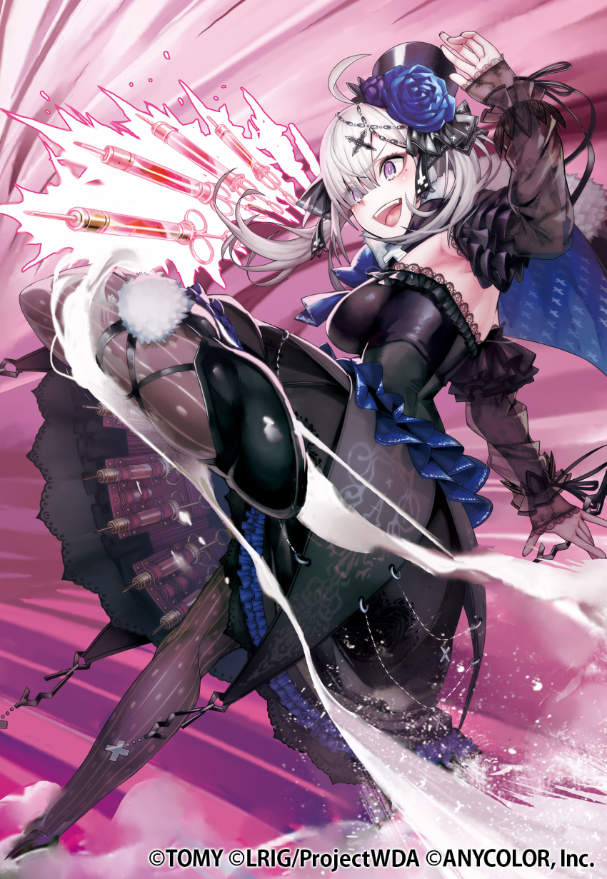 1girl black_dress black_hat black_pantyhose blue_flower commentary_request dress flower grey_hair hair_flower hair_ornament hat highres kousaku looking_at_viewer mole mole_under_eye nijisanji official_alternate_costume official_art pantyhose purple_eyes solo sukoya_kana sukoya_kana_(2nd_costume) syringe teeth upper_teeth_only virtual_youtuber wixoss