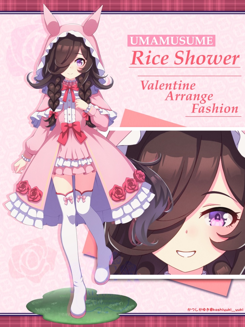 1girl alternate_costume animal_ears blush boots bow braid brown_hair capelet closed_mouth commentary_request dress flipped_hair flower frills hair_over_one_eye highres hokuyukis hood horse_ears horse_girl horse_tail long_hair long_sleeves looking_at_viewer open_mouth pink_bow pink_capelet pink_dress pink_hood purple_eyes red_bow rice_shower_(umamusume) rose smile tail thigh_boots twin_braids umamusume white_boots