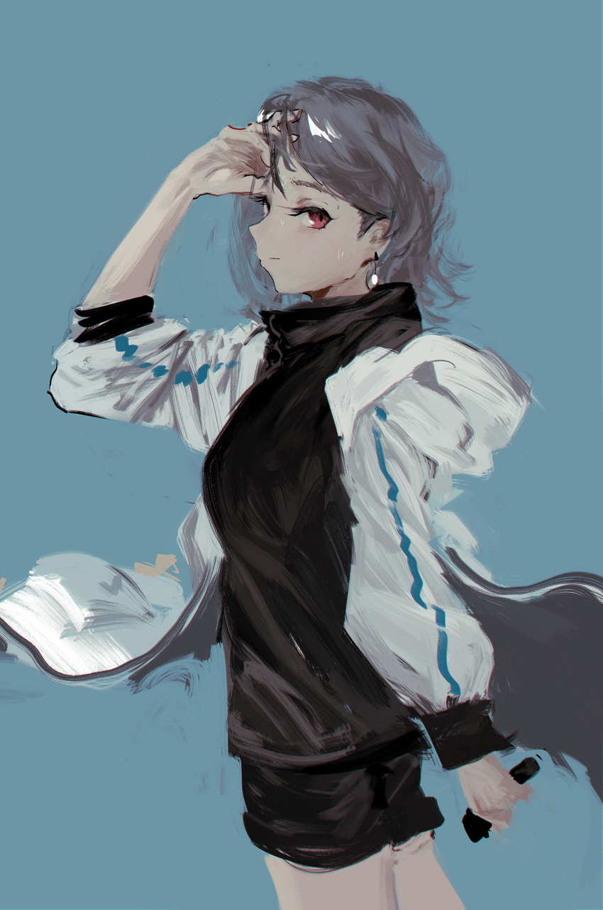 1girl absurdres arm_up bang_dream! bang_dream!_it's_mygo!!!!! black_shirt black_shorts blue_background commentary earrings grey_hair hand_in_own_hair highres hood hood_down hooded_jacket jacket jewelry lemtun open_clothes open_jacket red_eyes shirt short_hair shorts simple_background solo sweat symbol-only_commentary takamatsu_tomori three-quarter_sleeves white_jacket