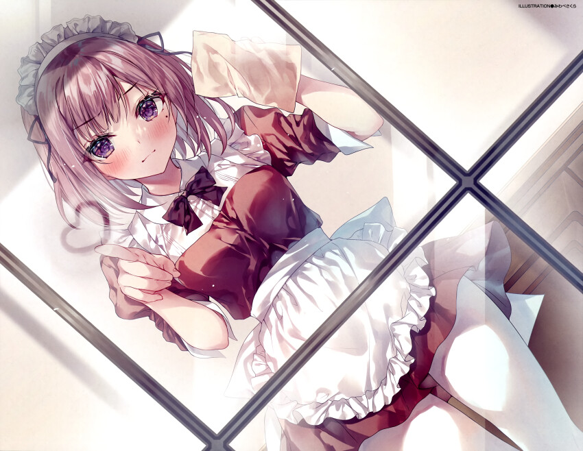 1girl absurdres apron artist_name blush bob_cut bow bowtie breasts cleaning_rag closed_mouth cowboy_shot dengeki_moeoh dress dutch_angle frilled_apron frills from_outside heart highres holding holding_rag index_finger_raised juliet_sleeves long_sleeves looking_at_viewer magazine_scan maid maid_apron maid_headdress medium_breasts miwabe_sakura mole mole_under_eye original pantyhose pink_hair puffy_sleeves purple_eyes red_bow red_bowtie red_dress scan short_dress short_hair sleeves_pushed_up solo third-party_source waist_apron white_apron white_pantyhose window