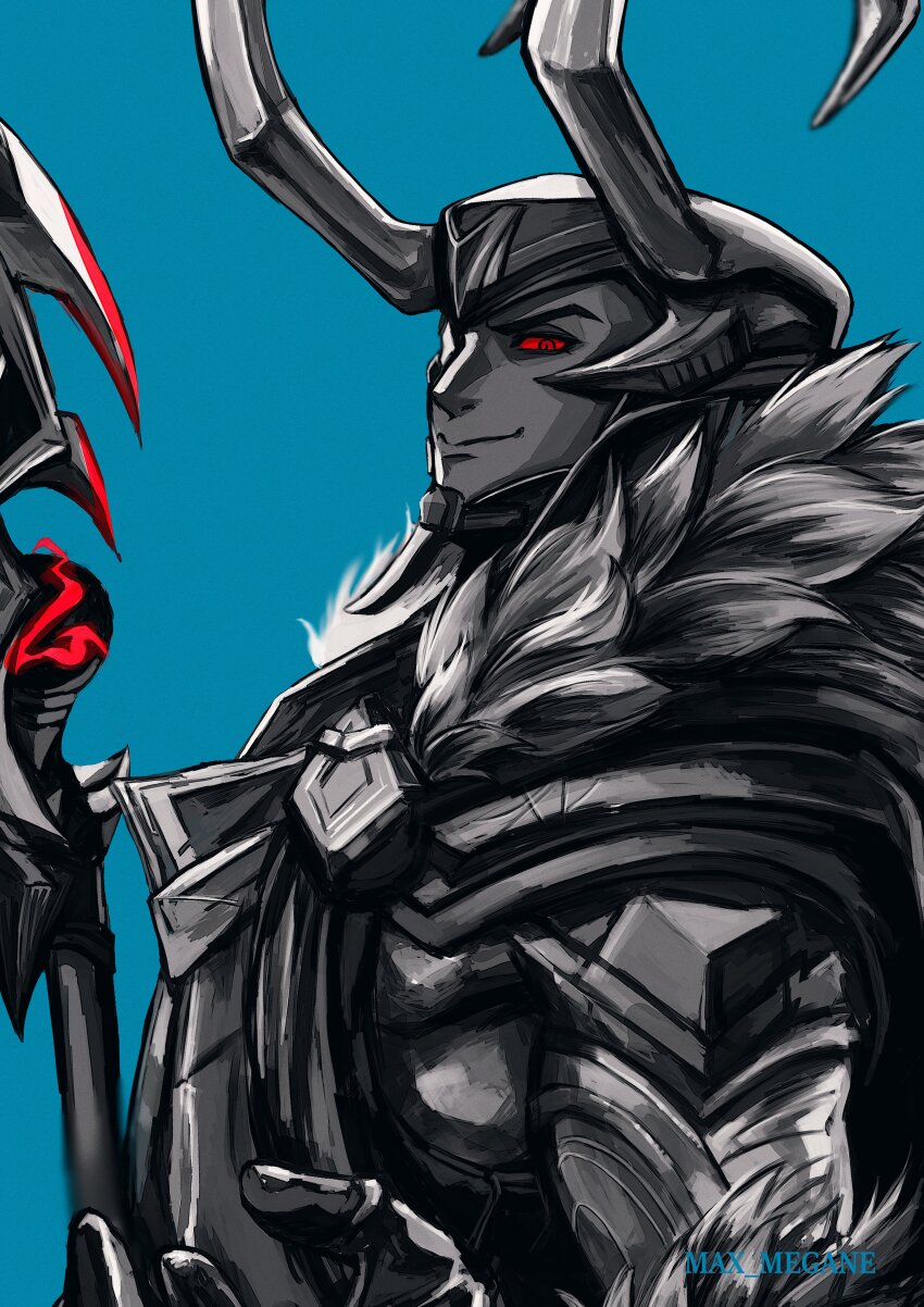 1boy absurdres artist_name blue_background cape colored_sclera commentary english_commentary fake_horns fur-trimmed_cape fur_trim gloves helmet highres holding holding_staff horned_helmet horns loki_(marvel) looking_at_viewer looking_to_the_side male_focus marvel marvel_rivals megane_(0max_megane0) one_eye_in_shadow red_eyes red_sclera smile solo staff thor_(marvel)_(series) upper_body