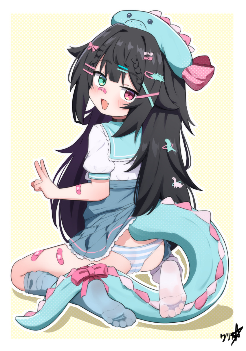 1girl absurdres bandaid beret black_hair blue_socks boppin commission delulu_dino hair_ornament hairclip hat heterochromia highres indie_virtual_youtuber loli long_hair looking_at_viewer looking_back panties sailor_collar shirt short_sleeves skirt socks soles solo striped_clothes striped_panties tail underwear v variant_set virtual_youtuber