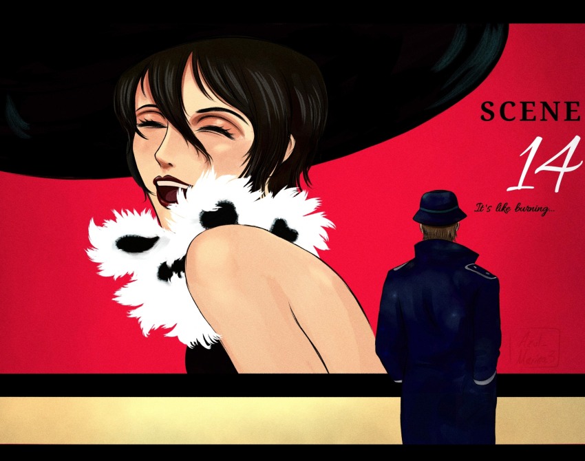 1boy 1girl aged_up alternate_costume azulmarina3 bare_shoulders black_hair black_hat black_lips brown_hair closed_eyes english_text hands_in_pockets hat highres jean_kirstein lips lipstick makeup meme mikasa_ackerman open_mouth shingeki_no_kyojin short_hair smile third-party_source veil_(manga) veil_scene_14_redraw_(meme)