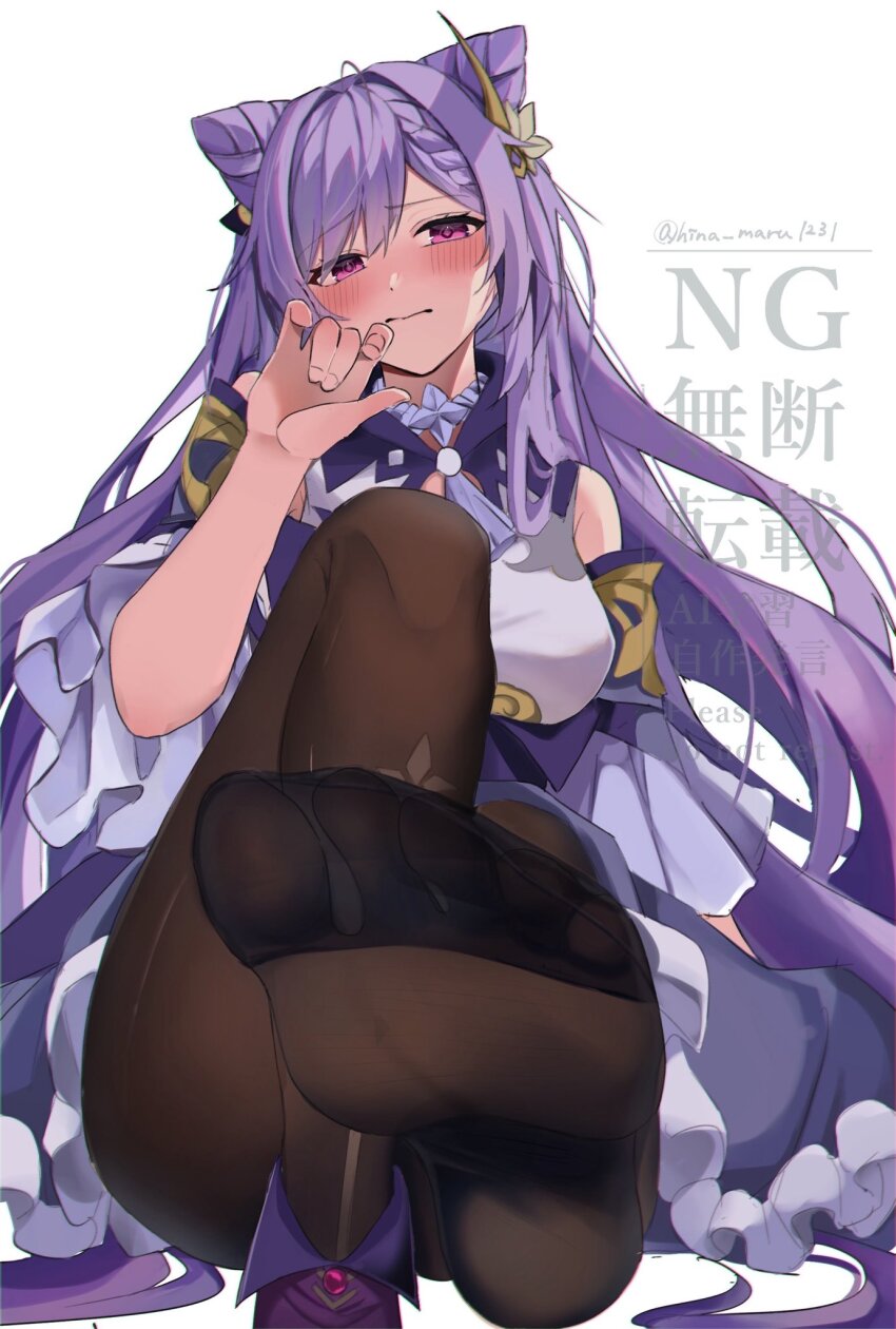 1girl bad_id bad_twitter_id bare_shoulders black_pantyhose blush breasts cone_hair_bun diamond-shaped_pupils diamond_(shape) double_bun dress feet genshin_impact hair_bun hair_ears hair_ornament highres hina_maru1231 keqing_(genshin_impact) leg_up long_hair looking_at_viewer medium_breasts neck_tassel pantyhose purple_dress purple_eyes purple_hair sitting soles solo symbol-shaped_pupils tassel toes twintails