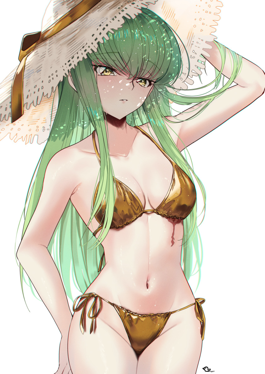 1girl absurdres bikini breasts budgiepon c.c. code_geass commentary_request cowboy_shot gold_bikini green_hair hat highres long_hair medium_breasts navel side-tie_bikini_bottom simple_background solo stomach straw_hat swimsuit thighs very_long_hair white_background yellow_eyes