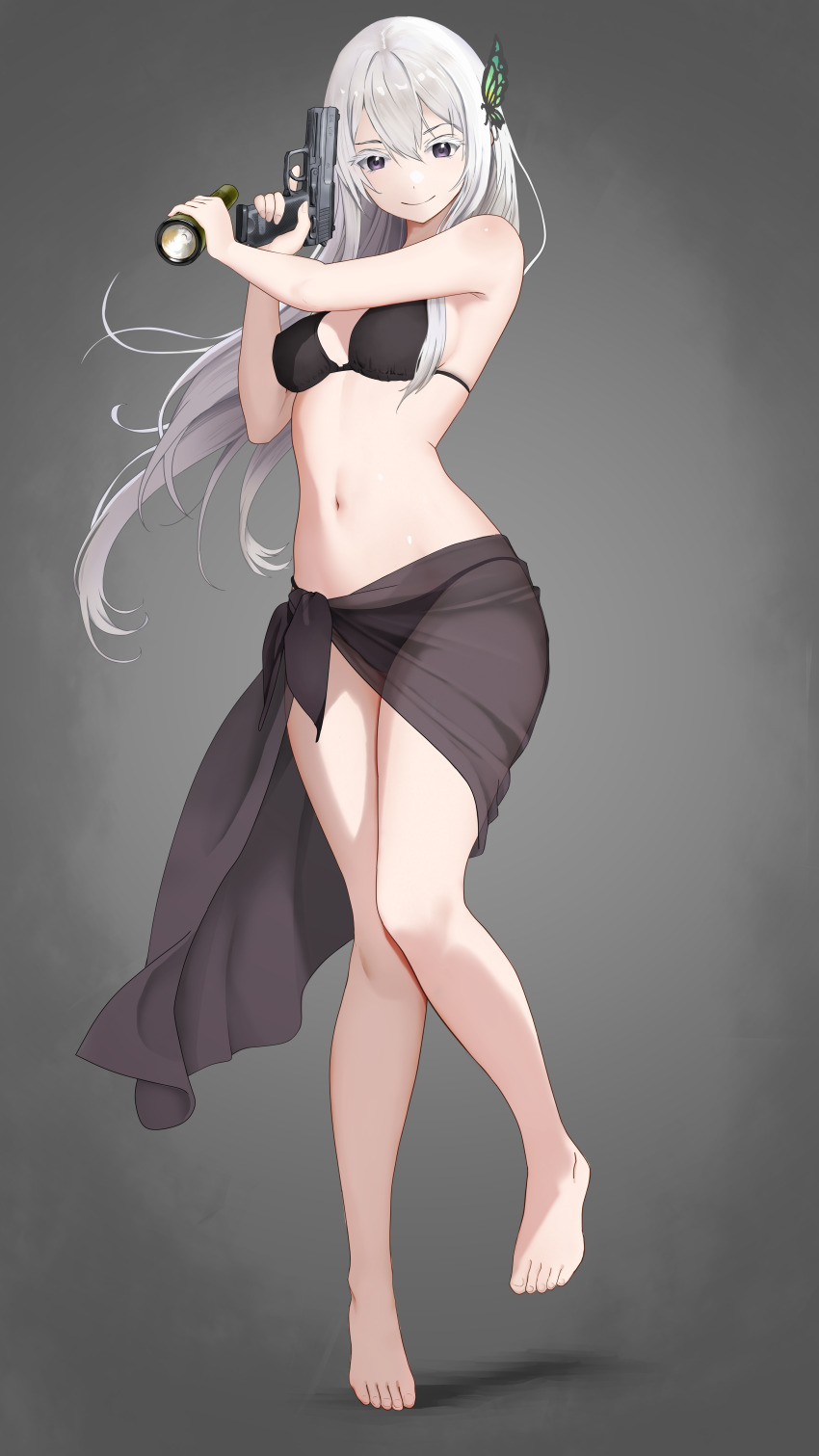 1girl absurdres alternate_costume barefoot bikini black_bikini breasts butterfly_hair_ornament closed_mouth commentary_request echidna_(re:zero) flashlight full_body gibun_(sozoshu) gradient_background grey_background gun h&amp;k_usp hair_ornament handgun highres holding holding_gun holding_weapon legs long_hair looking_at_viewer medium_breasts navel purple_eyes re:zero_kara_hajimeru_isekai_seikatsu smile solo swimsuit tachi-e toes weapon white_hair