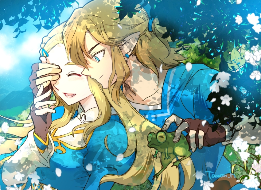 1boy 1girl animal artist_name blonde_hair blue_eyes blue_shirt blue_tunic braid breasts brown_gloves closed_eyes closed_mouth couple crown_braid earrings fingerless_gloves gloves gold_trim hair_between_eyes hair_ornament hair_tie hairclip hand_over_another's_eye helmet hetero highres holding holding_animal holding_frog jewelry juliet_sleeves link long_hair long_sleeves looking_at_another medium_breasts medium_hair nintendo open_mouth outdoors parted_bangs pointy_ears ponytail princess_zelda puffy_sleeves shirt short_ponytail sidelocks smile the_legend_of_zelda the_legend_of_zelda:_breath_of_the_wild tunic upper_body yamiochirink