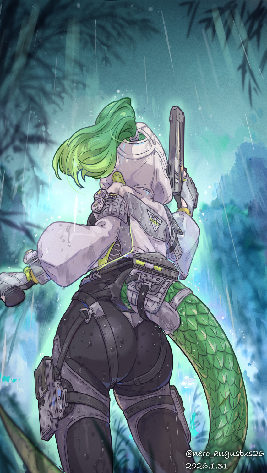 1girl absurdres arknights arknights:_endfield artist_name ass ass_focus black_bodysuit bodysuit chinese_commentary commentary_request cowboy_shot cropped_jacket dated facing_away fluorite_(arknights) gradient_hair green_hair green_sky gun highres holding holding_gun holding_weapon holster hood hood_up jacket looking_up mountainous_horizon multicolored_hair nero_augustus outdoors ponytail rain sky snake_tail tail tail_belt tight_clothes weapon wet wet_clothes white_jacket