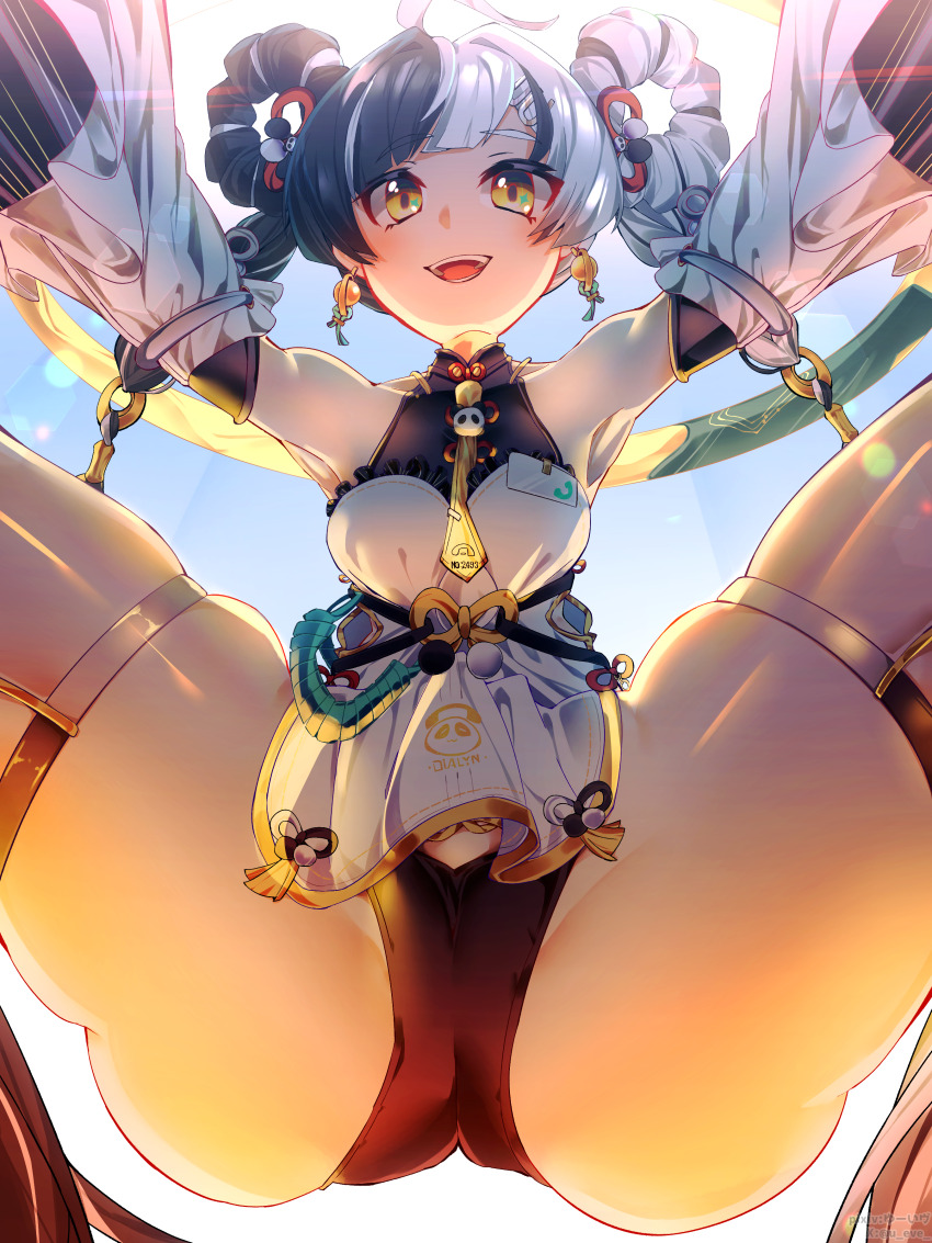 1girl absurdres bare_shoulders black_hair braid braided_twintails china_dress chinese_clothes commentary_request corded_phone detached_sleeves dialyn_(zenless_zone_zero) dress hair_extensions hair_ornament highres jewelry long_hair multicolored_hair multicolored_nails necktie panda_hair_ornament phone ring_hair_extensions solo split-color_hair u_eve white_hair yellow_necktie zenless_zone_zero