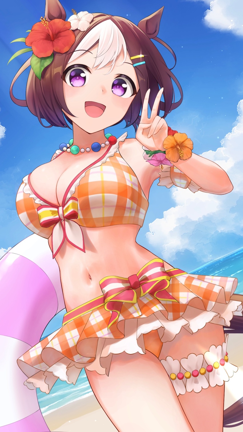 1girl animal_ears arm_garter bare_shoulders beach bead_necklace beads bikini bikini_skirt blue_sky blush breasts brown_hair cleavage cloud commentary_request ear_flower flower frilled_bikini frills hair_flower hair_ornament hairclip hibiscus highres holding holding_swim_ring horse_ears horse_girl horse_tail innertube jewelry large_breasts looking_at_viewer multicolored_hair navel necklace ocean official_alternate_costume open_mouth orange_bikini outdoors plaid_bikini plaid_clothes purple_eyes short_hair sky smile solo special_week_(hopp'n_happy_heart)_(umamusume) special_week_(umamusume) stomach swim_ring swimsuit tail two-tone_hair uine_(bobhairshuki) umamusume water white_hair wrist_flower