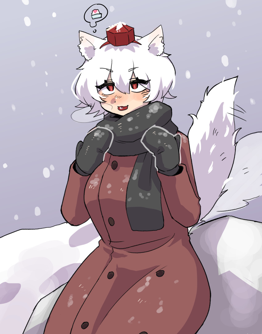 1girl absurdres afterimage alternate_costume animal_ear_fluff animal_ears black_mittens black_scarf blush bowl breath bulletcamera coat commentary cowboy_shot double-parted_bangs food grey_sky hair_between_eyes hat highres inubashiri_momiji long_sleeves mittens motion_lines red_coat red_eyes red_hat scarf shaved_ice short_hair sky smile snow snow_on_tongue snowing speech_bubble spoken_food tail tail_wagging thought_bubble tokin_hat tongue tongue_out touhou white_hair winter_clothes winter_coat wolf_ears wolf_girl wolf_tail