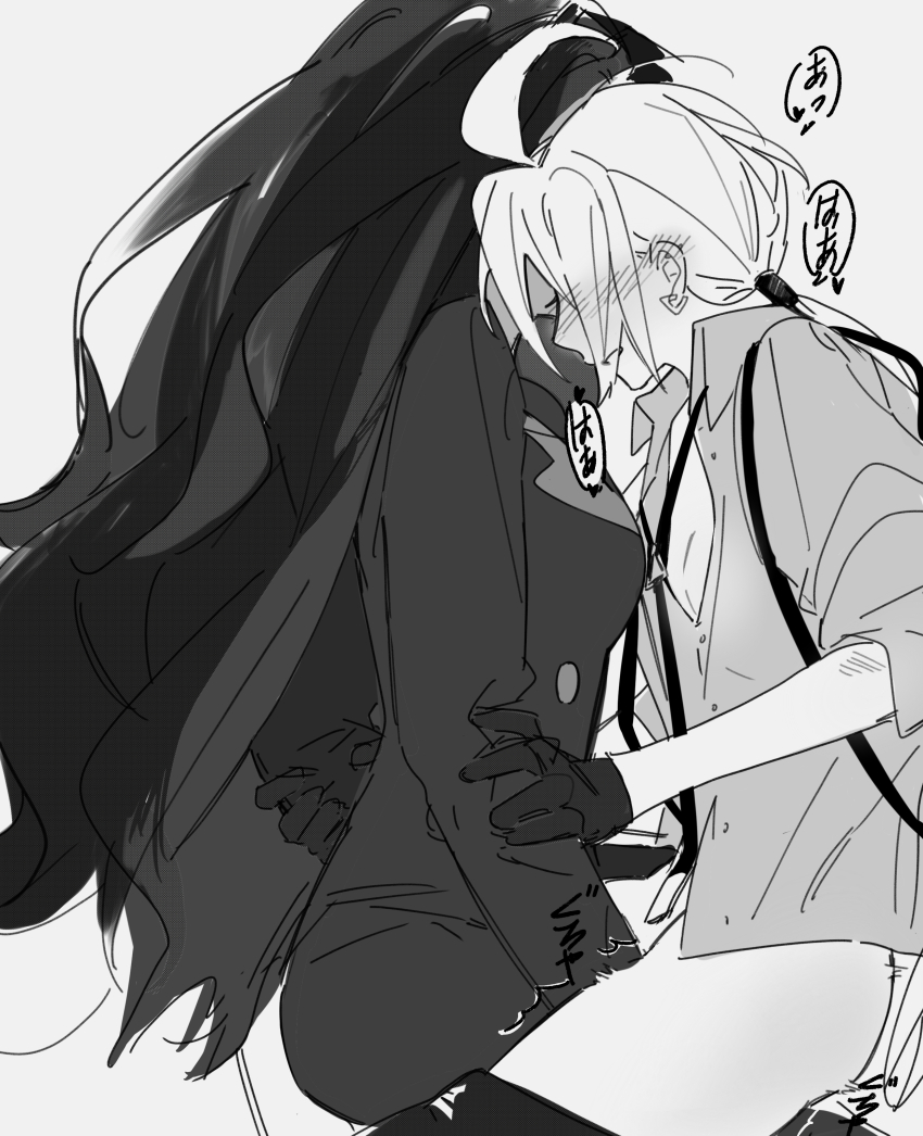 2girls absurdres blush clothes_pull collared_shirt commentary_request ear_blush fingering geeta_(pokemon) gloves greyscale hand_on_another&#039;s_waist highres long_hair monochrome multiple_girls nanaasuzy nintendo pants pants_pull pokemon pokemon_sv ponytail rika_(pokemon) shirt trembling yuri