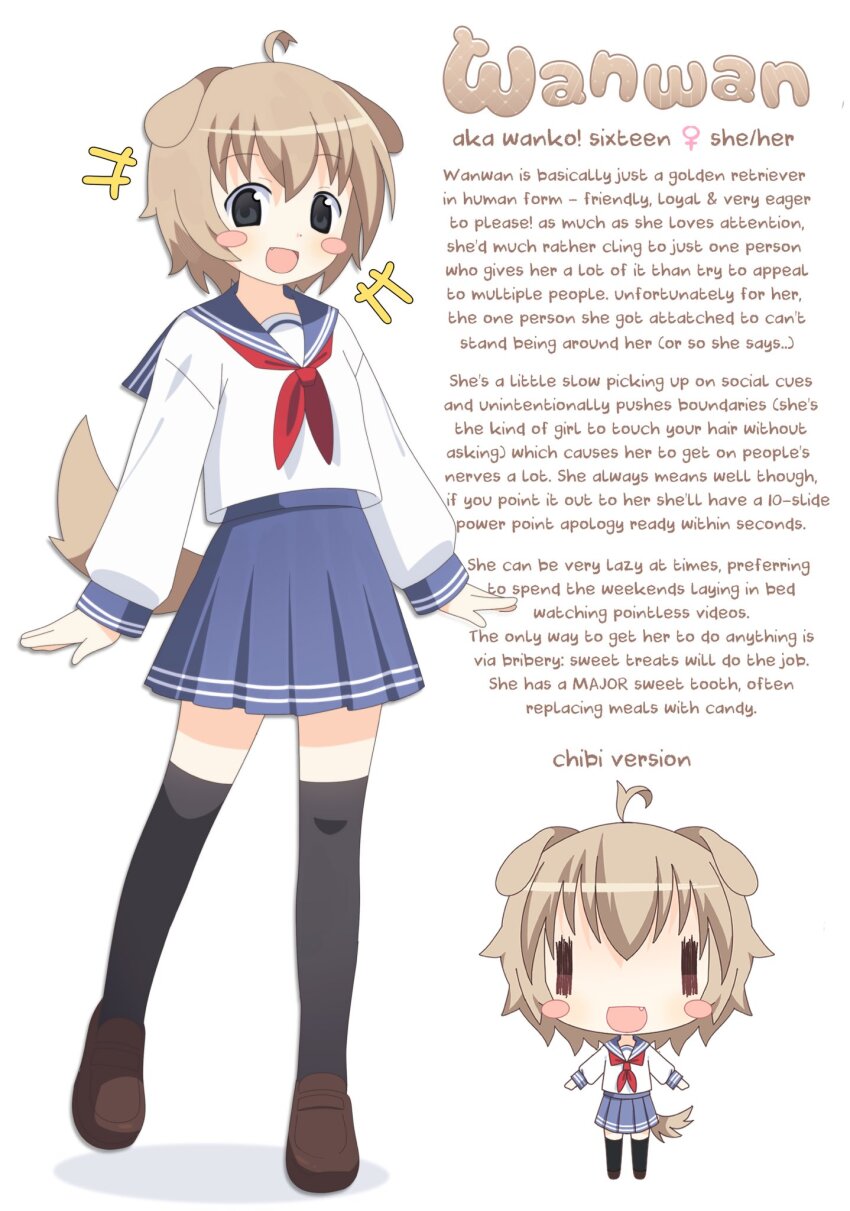 1girl animal_ears blush_stickers character_name chibi commentary dog_ears dog_girl dog_tail english_text grey_eyes highres loafers long_sleeves looking_at_viewer multiple_views onlinepetclub open_mouth original over-kneehighs pleated_skirt reference_sheet school_uniform serafuku shoes short_hair skirt smile tail thighhighs wanwan_(onlinepetclub)