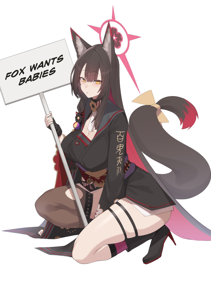 1girl absurdres animal_ears black_gloves black_halo black_kimono blue_archive blush boots breasts brown_hair commentary_request english_text fingerless_gloves floral_print fox_ears fox_girl fox_tail from_side full_body gloves gradient_tail hair_between_eyes halo high_heel_boots high_heels highres holding holding_sign japanese_clothes kimono kurowanjjyang legs long_hair medium_breasts multicolored_hair on_one_knee orange_eyes red_hair red_halo sign simple_background single_bare_leg slit_pupils solo squatting tail thigh_strap thighs two-tone_hair very_long_hair wakamo_(blue_archive) white_background