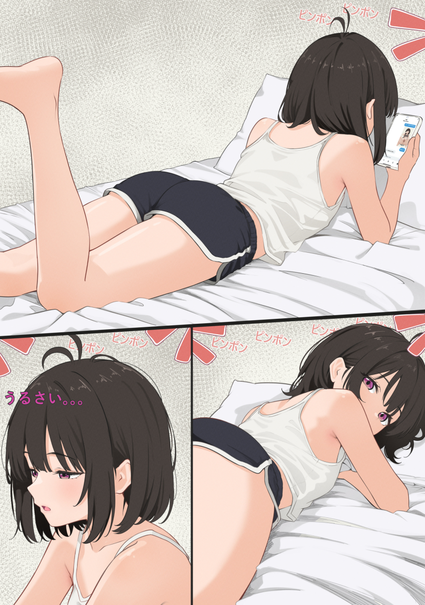 1girl bed black_hair blouse camisole cellphone commentary_request dolphin_shorts highres holding holding_phone looking_back lying multiple_views on_bed on_stomach osanai_yuki phone pillow pink_eyes salacia014 shirt short_hair short_shorts shorts shoushimin_series smartphone white_camisole