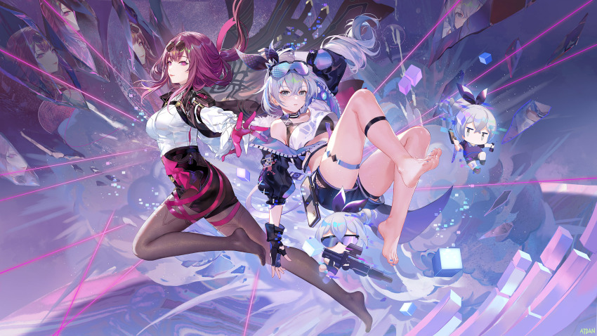 2girls atdan barefoot chibi choker garters gloves goggles grey_eyes grey_hair highres honkai:_star_rail honkai_(series) kafka_(honkai:_star_rail) long_hair multiple_girls pantyhose purple_eyes purple_hair reflection shirt shorts signed silver_wolf_(honkai:_star_rail) sunglasses