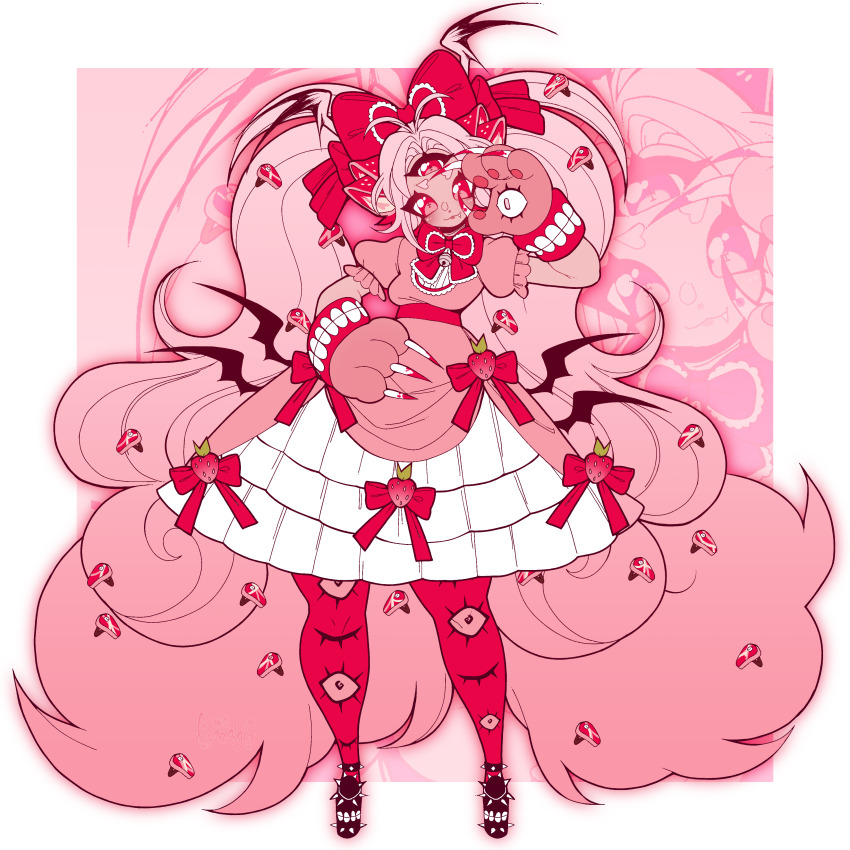 1girl absurdly_long_hair absurdres animal_hands blush bow commentary commission dreamalgia dress english_commentary fang food food-themed_clothes frilled_dress frills fruit full_body gloves gurokawa hair_bow hair_ornament hairclip highres lolita_fashion long_hair looking_at_viewer meat_hair_ornament monster_girl original pantyhose pastel_colors paw_gloves petticoat pink_dress pink_hair pink_theme puffy_sleeves ribbon shoes smile solo strawberry sweet_lolita third_eye triclops twintails very_long_hair