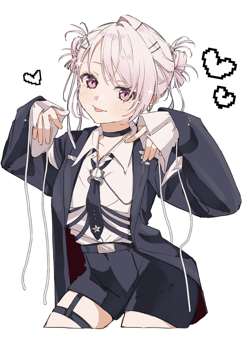 1girl black_choker black_jacket black_necktie black_shorts blush bow breasts choker collared_shirt commentary cowboy_shot double_bun ear_piercing earrings ghost_pose hair_bun hair_ornament hairclip heart highres jacket jewelry large_breasts long_sleeves looking_at_viewer necktie nijisanji o-ring_necktie open_clothes open_jacket piercing pink_eyes pink_hair shiina_yuika shiina_yuika_(14th_costume) shiratamamaru shirt shorts simple_background single_hair_intake sleeves_past_wrists solo thigh_strap thighs tongue tongue_out virtual_youtuber white_background white_bow white_shirt