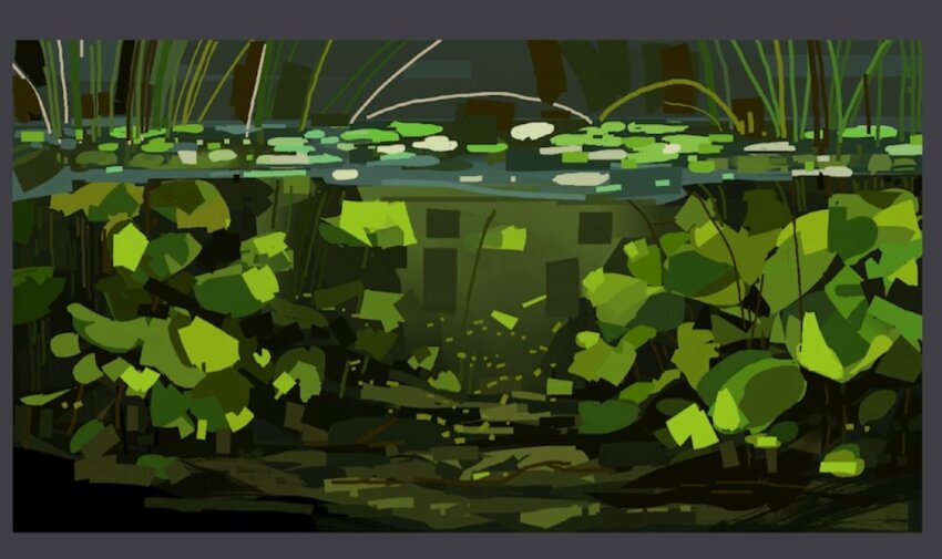 border commentary day english_commentary grey_border junbuug lily_pad nature no_humans original outdoors painterly partially_underwater_shot pond reeds scenery