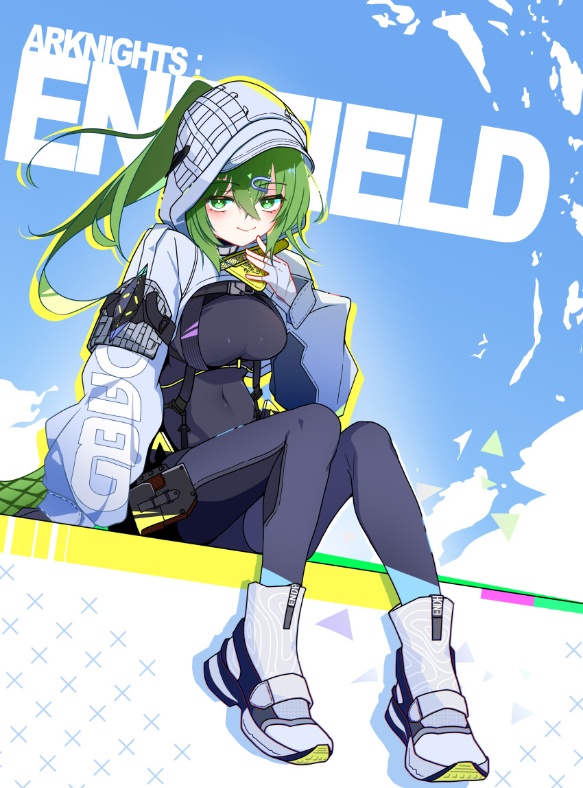 1girl absurdres arknights arknights:_endfield arm_support black_bodystocking blue_sky cloud commentary copyright_name cropped_jacket english_commentary fingerless_gloves fluorite_(arknights) full_body gloves green_eyes green_hair grey_gloves hand_on_own_cheek hand_on_own_face highres hood hood_up hooded_jacket jacket long_sleeves looking_at_viewer ponytail qri shoes sitting sky smile snake_tail sneakers solo tail white_shoes