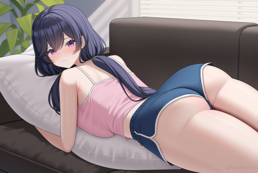 1girl absurdres ass blue_hair blue_shorts blush breasts camisole closed_mouth commentary couch curtains day dolphin_shorts english_commentary flower girls'_frontline girls'_frontline_2:_exilium hair_between_eyes hair_flower hair_ornament highres hugging_object indoors large_breasts light_rays long_hair looking_at_viewer lotta_(girls'_frontline_2) lying on_couch on_stomach pillow pillow_hug pink_camisole plant potted_plant purple_eyes purple_hair rynzfrancis shorts solo spaghetti_strap tank_top twintails window