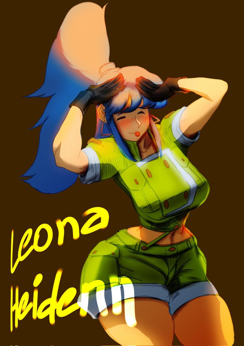 1girl ass blue_hair breasts curvy female_focus huge_ass large_breasts leona_heidern long_hair matheusgrart military pants ponytail shorts standing the_king_of_fighters thick_thighs thighs tongue tongue_out wide_hips