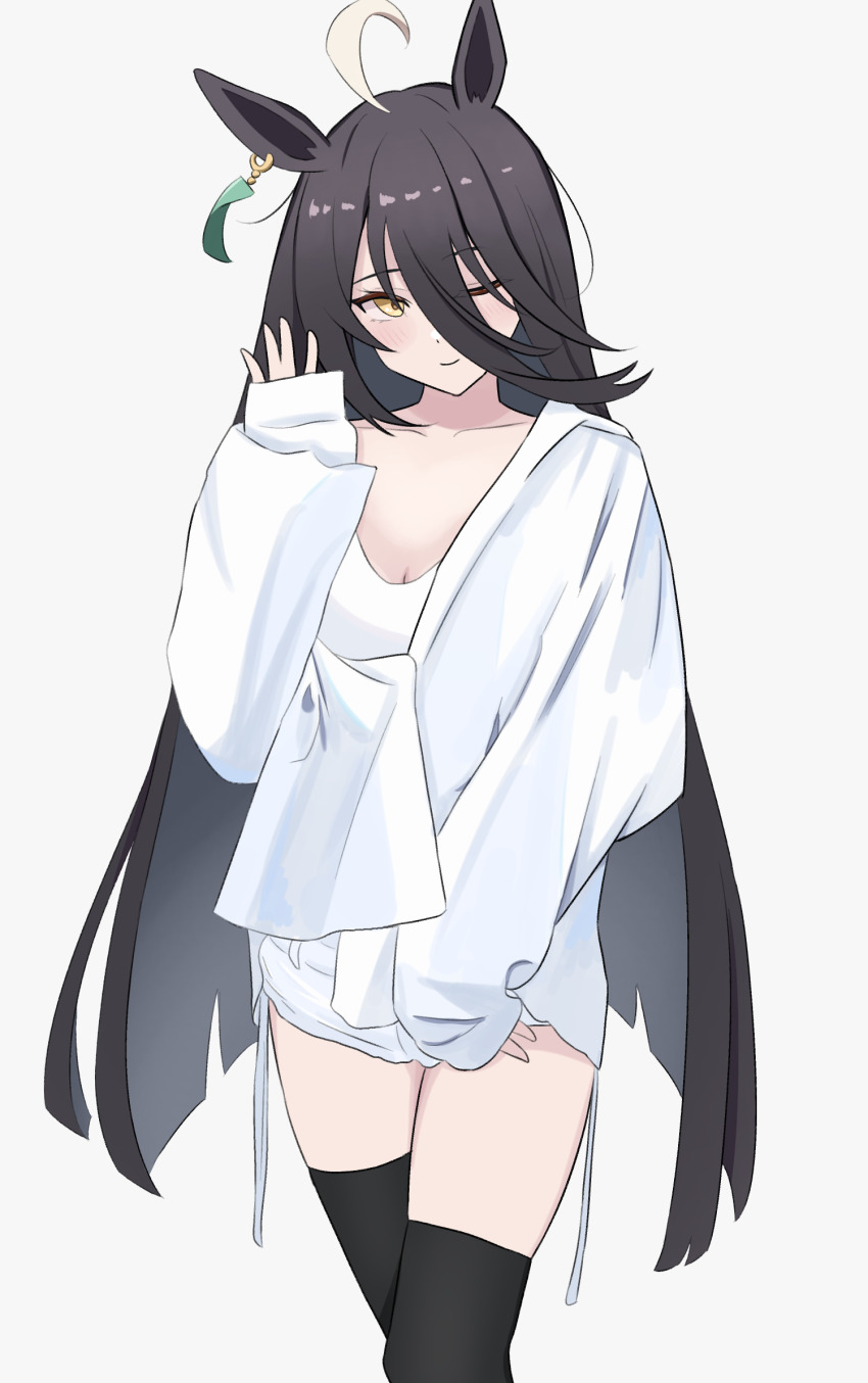 1girl ahoge animal_ears black_hair black_thighhighs blunt_ends breasts cleavage closed_mouth duckycereal hair_between_eyes hand_up highres horse_ears horse_girl light_blush long_bangs long_hair long_hair_between_eyes long_sleeves looking_at_viewer manhattan_cafe_(umamusume) multicolored_hair one_eye_closed open_clothes open_shirt shirt shorts sleeves_past_wrists small_breasts smile solo thighhighs umamusume very_long_hair white_hair white_shirt white_shorts yellow_eyes zettai_ryouiki