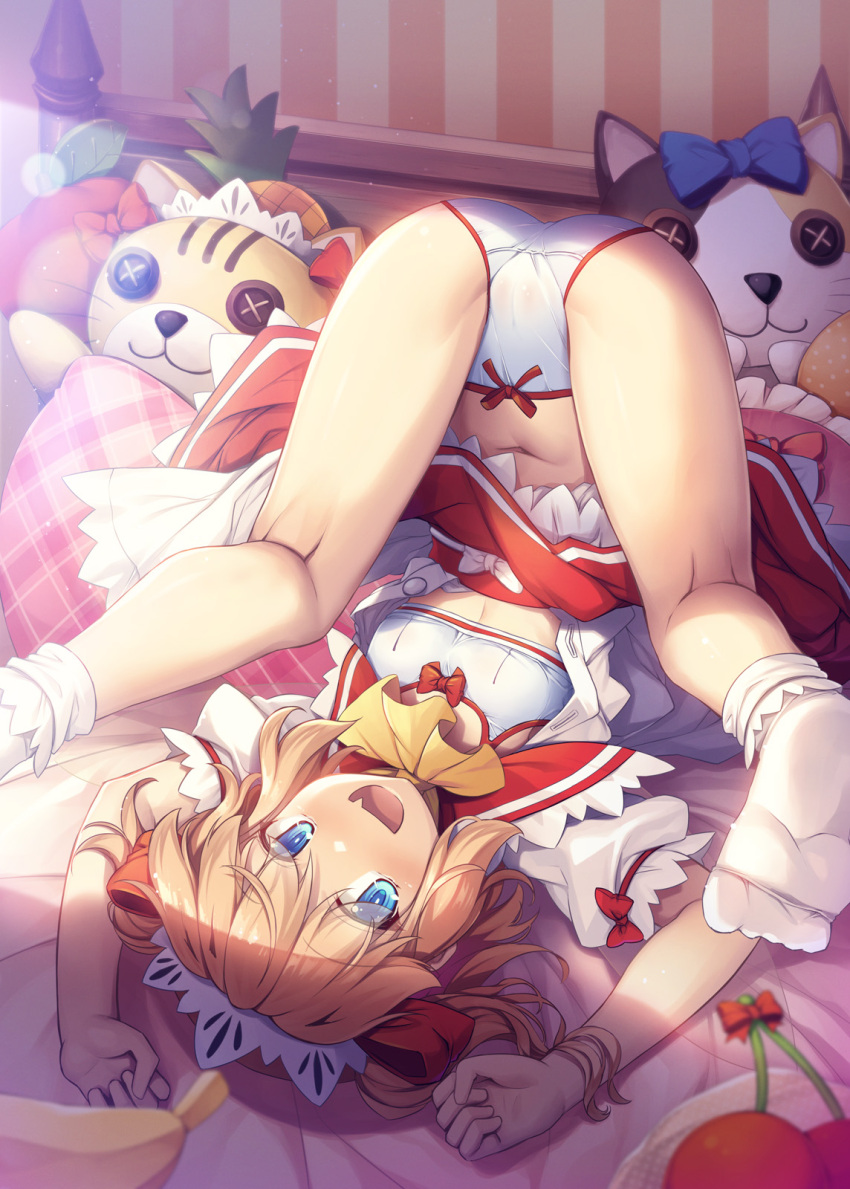 1girl :d ascot ass bare_arms bed bed_sheet blonde_hair blue_eyes bobby_socks bow bow_bra bow_panties bra button_eyes buttons chima_q clothes_lift day eyes_visible_through_hair fang feet flat_chest hair_bow headdress highres indoors kneepits legs legs_apart loli looking_at_viewer lying maid_headdress navel no_shoes on_back on_bed open_mouth panties pillow puffy_short_sleeves puffy_sleeves red_bow red_skirt ribbon shirt shirt_lift short_hair short_sleeves skin_fang skirt smile socks soles solo stuffed_animal stuffed_toy sunny_milk thighs toes top-down_bottom-up touhou training_bra two_side_up underwear upside-down white_bra white_panties white_shirt white_socks yellow_ascot
