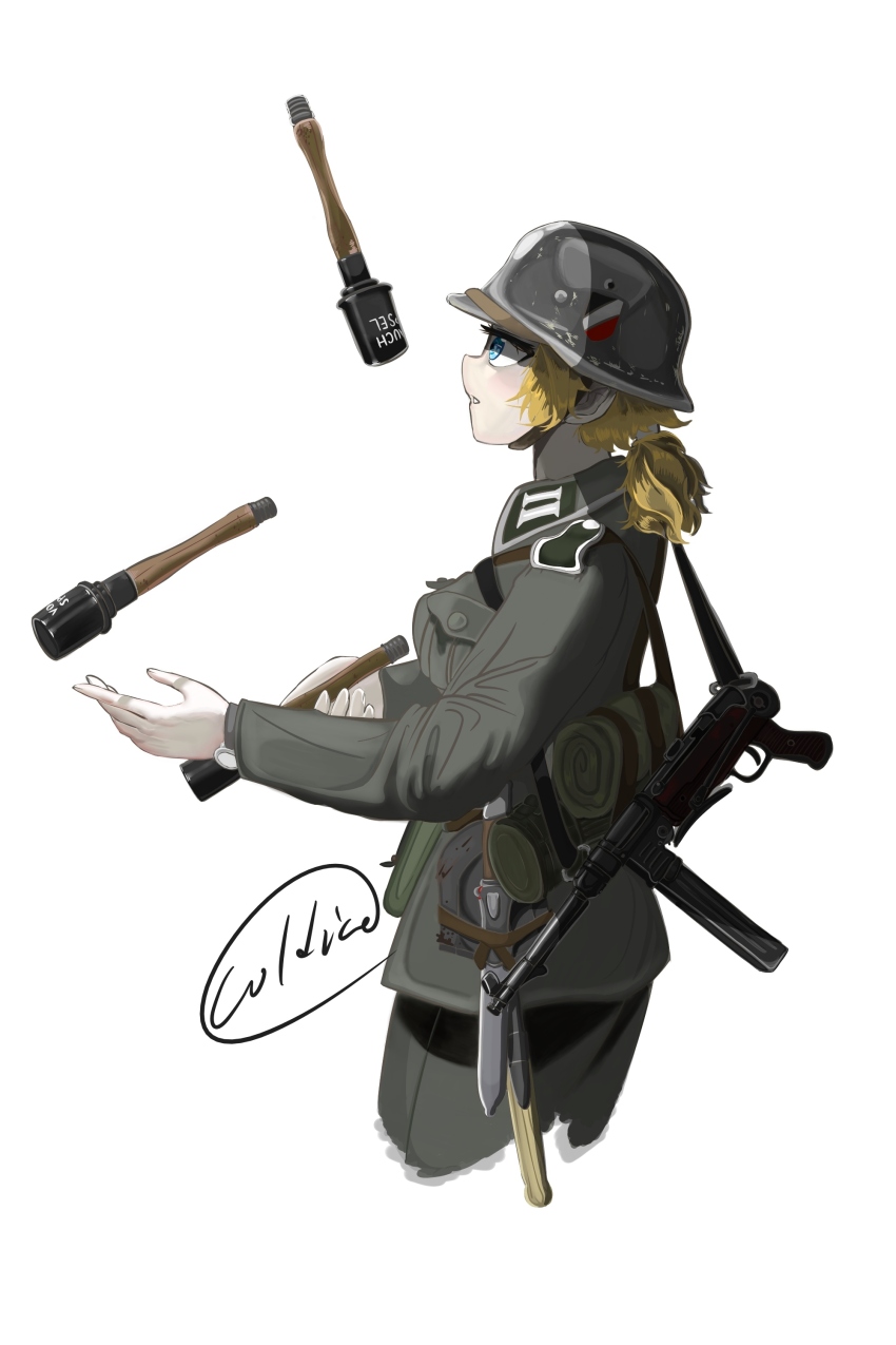 1girl absurdres blonde_hair blue_eyes cold_ice_(artist) cropped_legs explosive grenade grey_helmet gun helmet highres juggling knife military_uniform mp40 original ponytail signature solo stick_grenade submachine_gun war weapon wehrmacht world_war_ii